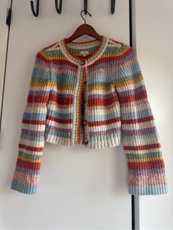 Pilcro Sweaters - Anthropolgie Pilcro Multi-Stripe Knit Cardigan in Cream, Blue, Red, Yellow